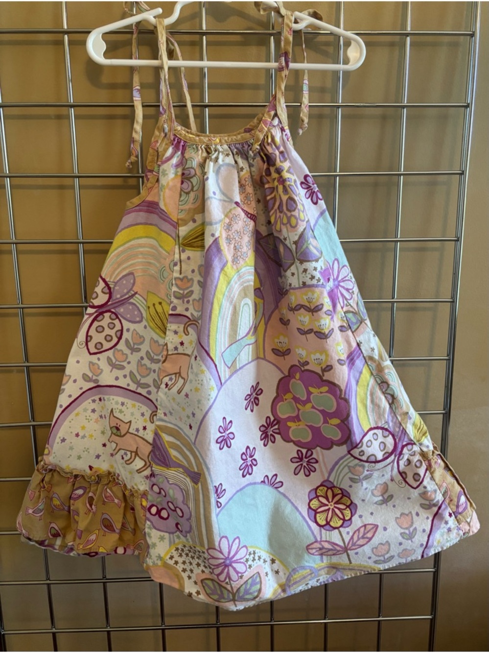 Vintage Cat Bird Jumper Dress Adjustable Straps Floral Apple Tree Modest USA
